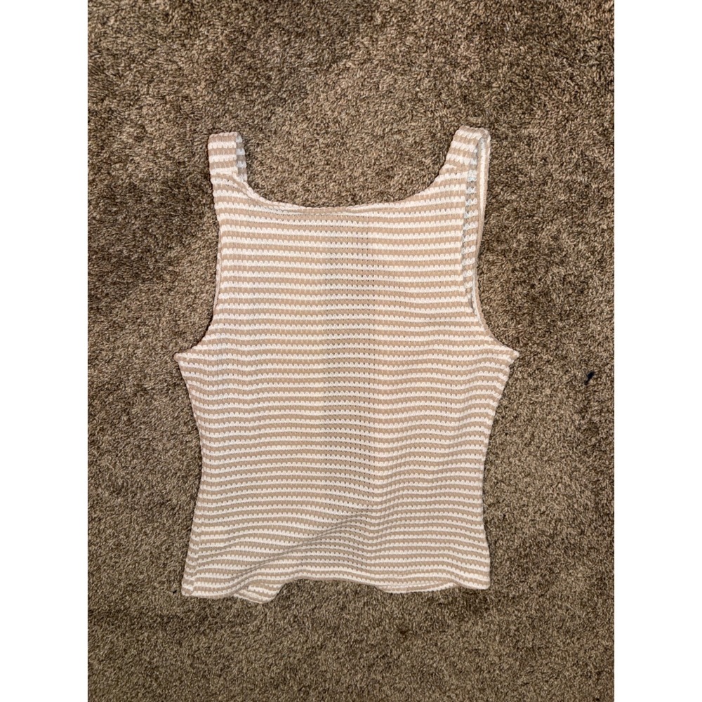 Tan and White Striped Sleeveless Button Front Knit Tank Top Medium (596) - Picture 6 of 6